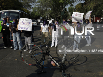 Victims of sexual and digital violence demonstrate outside the National Polytechnic Institute in Mexico City, Mexico, on December 10, 2024,...