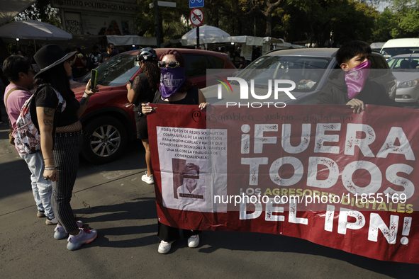 Victims of sexual and digital violence demonstrate outside the National Polytechnic Institute in Mexico City, Mexico, on December 10, 2024,...