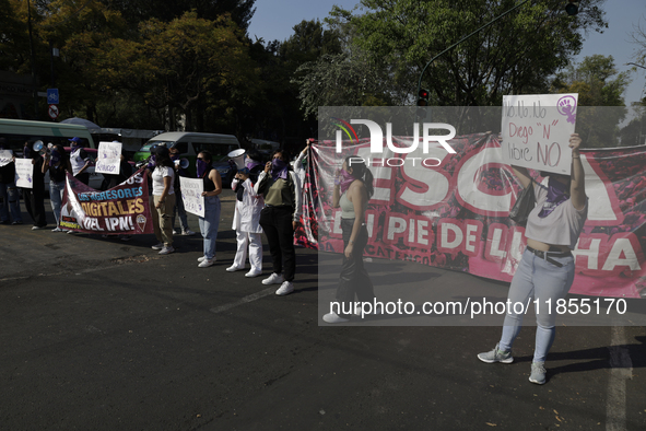 Victims of sexual and digital violence demonstrate outside the National Polytechnic Institute in Mexico City, Mexico, on December 10, 2024,...