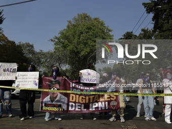 Victims of sexual and digital violence demonstrate outside the National Polytechnic Institute in Mexico City, Mexico, on December 10, 2024,...