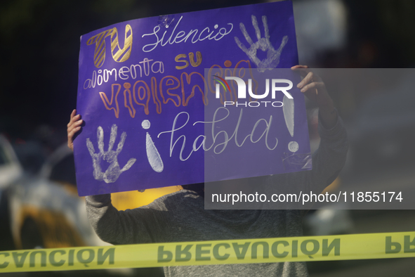 Victims of sexual and digital violence demonstrate outside the National Polytechnic Institute in Mexico City, Mexico, on December 10, 2024,...