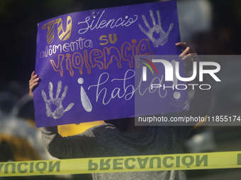 Victims of sexual and digital violence demonstrate outside the National Polytechnic Institute in Mexico City, Mexico, on December 10, 2024,...