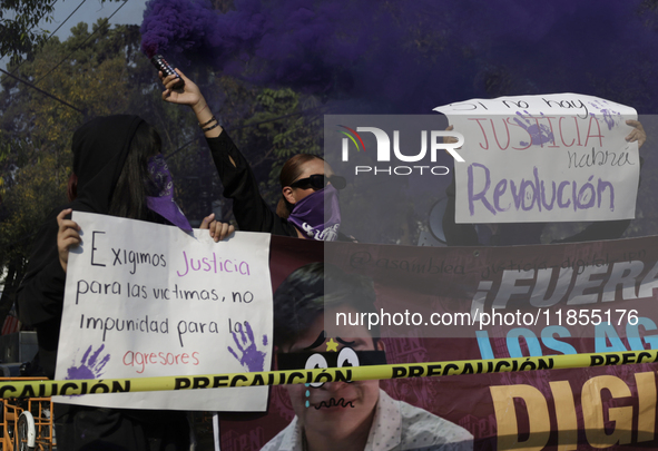 Victims of sexual and digital violence demonstrate outside the National Polytechnic Institute in Mexico City, Mexico, on December 10, 2024,...