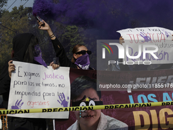 Victims of sexual and digital violence demonstrate outside the National Polytechnic Institute in Mexico City, Mexico, on December 10, 2024,...