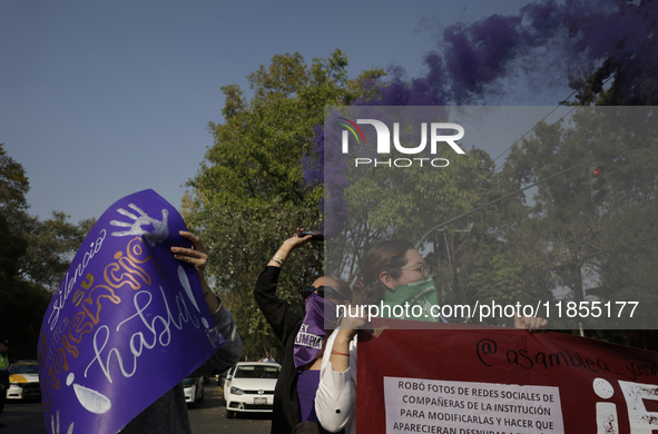 Victims of sexual and digital violence demonstrate outside the National Polytechnic Institute in Mexico City, Mexico, on December 10, 2024,...