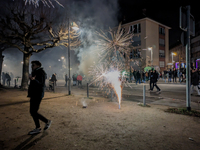 In Frankfurt am Main, Hesse, Germany, on January 1, 2024, people celebrate New Year's Eve by setting off fireworks, bangers, and firecracker...