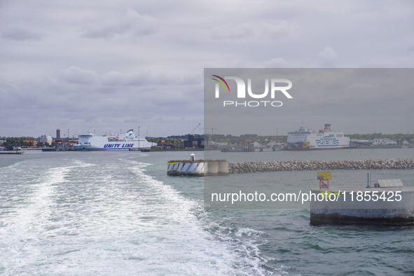 Unity Line and Polferries ferries are in the port in Ystad, Sweden, on August 4, 2024 