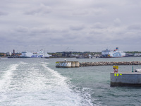 Unity Line and Polferries ferries are in the port in Ystad, Sweden, on August 4, 2024 (