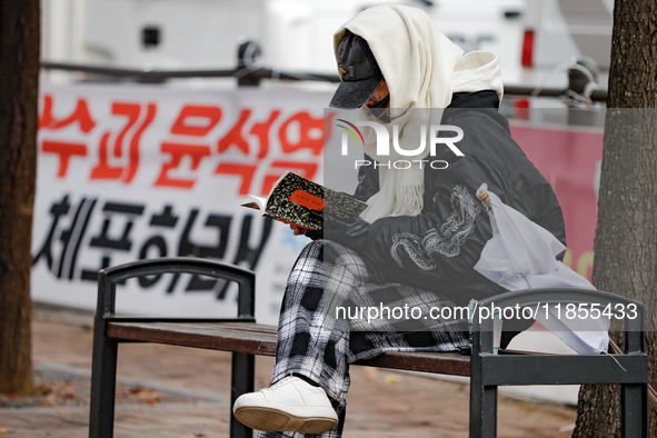 A participant in a rally calling for the impeachment of President Yoon Suk-yeol reads ''Human Acts (The Boy is Coming)'' by 2024 Nobel Prize...