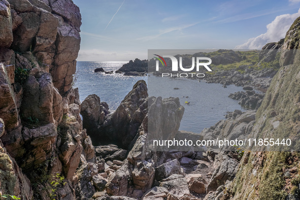 The rocky coast of the Baltic Sea is seen in Gudhjem, Bornholm Island, Denmark, on August 6, 2024 