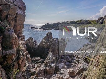 The rocky coast of the Baltic Sea is seen in Gudhjem, Bornholm Island, Denmark, on August 6, 2024 (