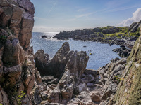 The rocky coast of the Baltic Sea is seen in Gudhjem, Bornholm Island, Denmark, on August 6, 2024 (