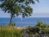 The rocky coast of the Baltic Sea is seen in Gudhjem, Bornholm Island, Denmark, on August 6, 2024 (