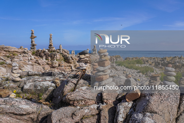 The rocky coast of the Baltic Sea is seen in Gudhjem, Bornholm Island, Denmark, on August 6, 2024 