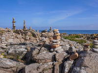 The rocky coast of the Baltic Sea is seen in Gudhjem, Bornholm Island, Denmark, on August 6, 2024 (