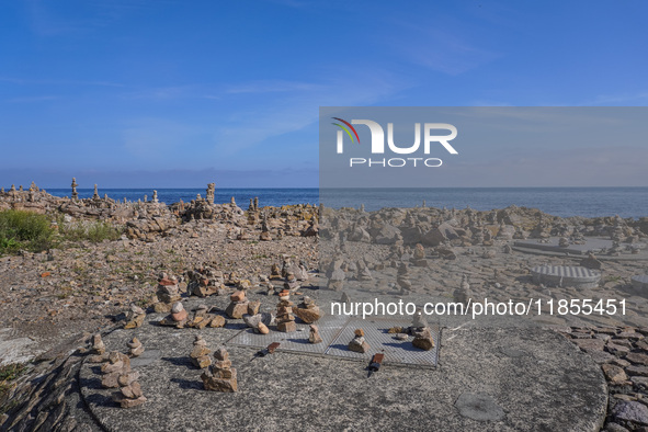 The rocky coast of the Baltic Sea is seen in Gudhjem, Bornholm Island, Denmark, on August 6, 2024 