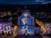 An aerial view shows Santa Maria del Suffragio church (well known as ''Holy Souls Church'') lighted by Christmas lights in Piazza Duomo Squa...