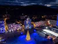 An aerial view shows Christmas lights and decorations in Piazza Duomo Square in L'Aquila, Italy, on december 10th, 2024. (