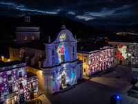 An aerial view shows Santa Maria del Suffragio church (well known as ''Holy Souls Church'') lighted by Christmas lights in Piazza Duomo Squa...