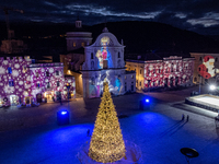 An aerial view shows Christmas lights and decorations in Piazza Duomo Square in L'Aquila, Italy, on december 10th, 2024. (