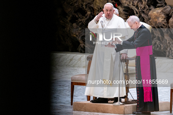 Pope Francis leads the weekly general audience at Paul-VI hall in The Vatican, on December 11, 2024. 