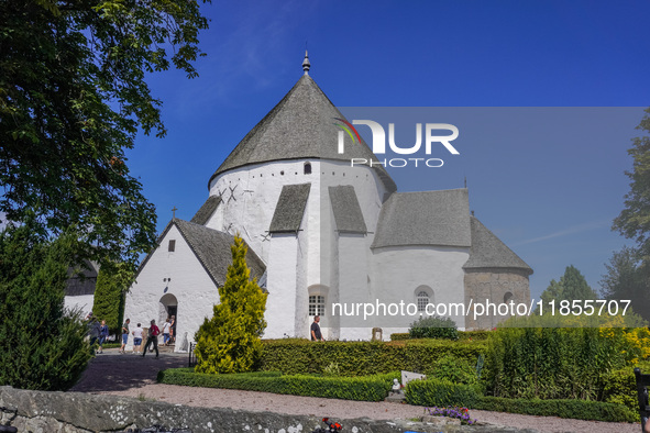 A 12th-century round church is in the village of Nylars near Ronne in the south of the Danish island of Bornholm, Denmark, on August 6, 2024...