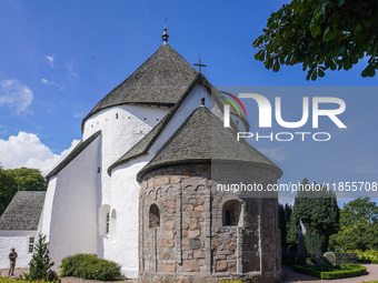 A 12th-century round church is in the village of Nylars near Ronne in the south of the Danish island of Bornholm, Denmark, on August 6, 2024...