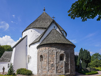 A 12th-century round church is in the village of Nylars near Ronne in the south of the Danish island of Bornholm, Denmark, on August 6, 2024...