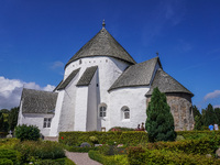 A 12th-century round church is in the village of Nylars near Ronne in the south of the Danish island of Bornholm, Denmark, on August 6, 2024...