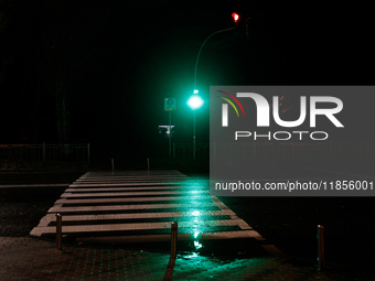 A traffic light turns green at a zebra crossing in the dark in the Rusanivka neighborhood during a power cut in Kyiv, Ukraine, on December 7...