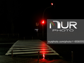 A traffic light turns red at a zebra crossing in the dark in the Rusanivka neighborhood during a power cut in Kyiv, Ukraine, on December 7,...