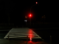 A traffic light turns red at a zebra crossing in the dark in the Rusanivka neighborhood during a power cut in Kyiv, Ukraine, on December 7,...