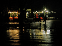 String lights illuminate a street in the Rusanivka neighborhood during a power cut in Kyiv, Ukraine, on December 7, 2024. (