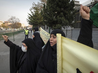 Two veiled Iranian women shout slogans while participating in a rally to support the Hijab bill outside the Iranian Parliament building in T...