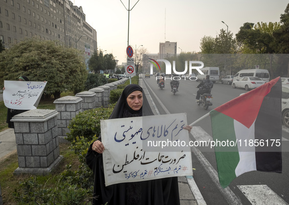 A veiled Iranian woman holds a Palestinian flag and a placard with Persian script that reads, ''Boycotting Zionist goods is a necessity to s...