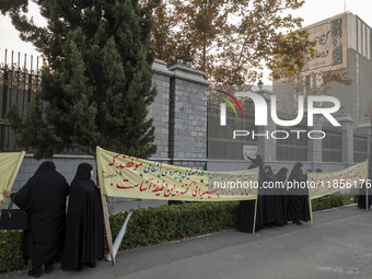 Veiled Iranian women hold placards while participating in a rally to support the Hijab bill outside the Iranian Parliament building in Tehra...