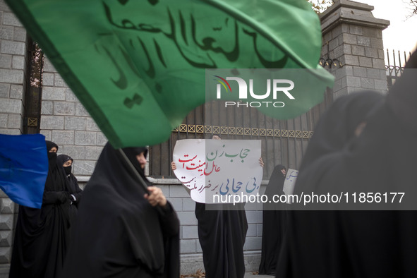 A veiled Iranian woman holds a placard with Persian script that reads, ''Women's hijab is a factor of safety, not wearing a hijab is detrime...