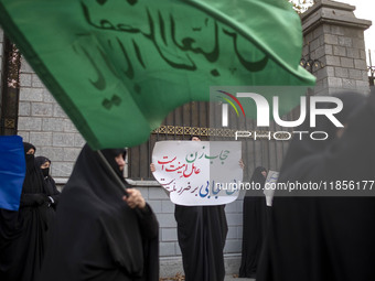 A veiled Iranian woman holds a placard with Persian script that reads, ''Women's hijab is a factor of safety, not wearing a hijab is detrime...