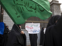 A veiled Iranian woman holds a placard with Persian script that reads, ''Women's hijab is a factor of safety, not wearing a hijab is detrime...