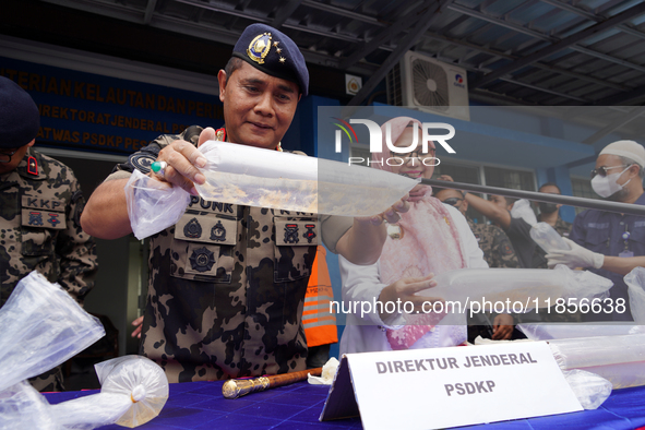 The Director General of Marine Resources and Fisheries Supervision (PSDKP), Pung Nugroho Saksono, gives a press statement while showing evid...