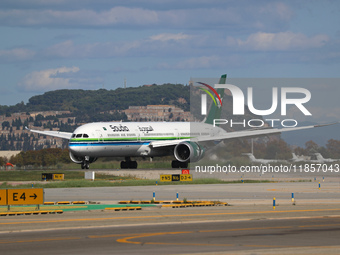 A Boeing 787-10 Dreamliner from Saudia is on the runway after landing at Barcelona El Prat Airport in Barcelona, Spain, on October 8, 2024....