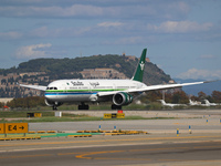 A Boeing 787-10 Dreamliner from Saudia is on the runway after landing at Barcelona El Prat Airport in Barcelona, Spain, on October 8, 2024....