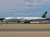 A Boeing 787-10 Dreamliner from Saudia is on the runway after landing at Barcelona El Prat Airport in Barcelona, Spain, on October 8, 2024....