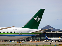 A Boeing 787-10 Dreamliner from Saudia is on the runway after landing at Barcelona El Prat Airport in Barcelona, Spain, on October 8, 2024....