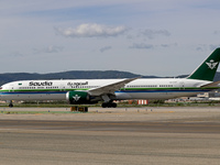 A Boeing 787-10 Dreamliner from Saudia is on the runway after landing at Barcelona El Prat Airport in Barcelona, Spain, on October 8, 2024....