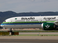 A Boeing 787-10 Dreamliner from Saudia is on the runway after landing at Barcelona El Prat Airport in Barcelona, Spain, on October 8, 2024....