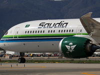 A Boeing 787-10 Dreamliner from Saudia is on the runway after landing at Barcelona El Prat Airport in Barcelona, Spain, on October 8, 2024....