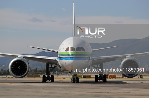 A Boeing 787-10 Dreamliner from Saudia is on the runway after landing at Barcelona El Prat Airport in Barcelona, Spain, on October 8, 2024. 