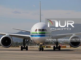 A Boeing 787-10 Dreamliner from Saudia is on the runway after landing at Barcelona El Prat Airport in Barcelona, Spain, on October 8, 2024....