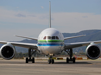 A Boeing 787-10 Dreamliner from Saudia is on the runway after landing at Barcelona El Prat Airport in Barcelona, Spain, on October 8, 2024....